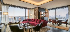 The livingroom of a suite at The Bvlgari Hotel Shanghai